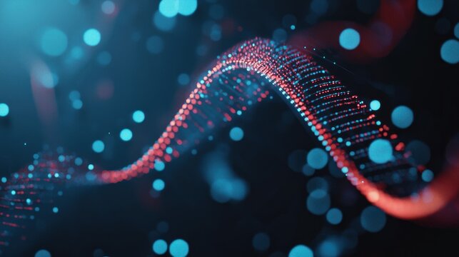 A vibrant, abstract digital DNA strand with a blue and red color scheme, set against a dark background with a few scattered light spots.