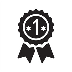 First place award ribbon icon, number 1 winner medal symbol.
