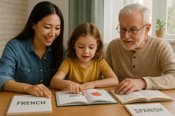 Fototapeta premium Smiling mother, grandfather and little girl reading books in English, Spanish and French, learning new vocabulary