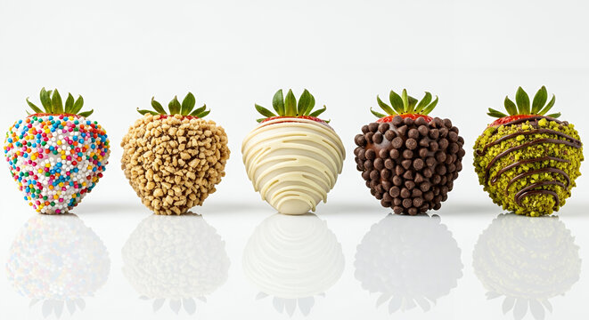A horizontal row of five morangos do amor, each decorated differently (sprinkles, nuts, white chocolate drizzle), placed symmetrically over a reflective white surface.