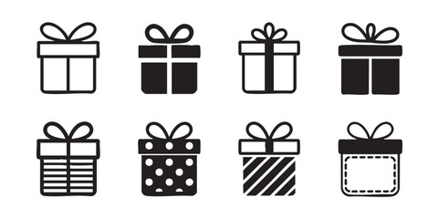 Eight monochrome gift boxes with different patterns and bows present package