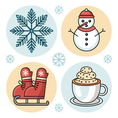 Winter Icon Set – Flat Seasonal Icons for Cold Weather, Snow, Holidays, Christmas, Winter Sports, Hot Drinks, Mittens, Snowflakes, Skating, Vector Pack

