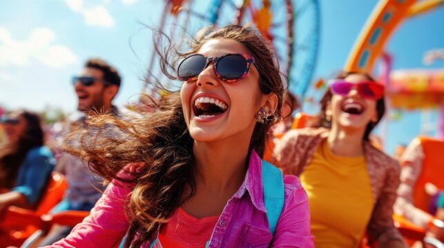 Hyper-realistic image of a group of Indian metropolitan young adults enjoying a thrilling amusement park ride like a sky fall or an upside-down pendulum ride during daytime