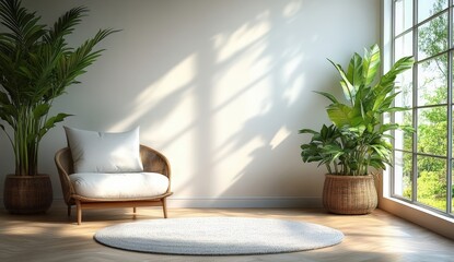 A serene living space featuring a cozy chair, soft rug, and lush greenery, illuminated by natural light streaming through large windows.