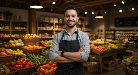 Happy owner standing proudly in his vibrant and successful grocery store, showcasing fresh produce and a welcoming atmosphere for customers.