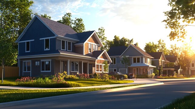 Charming suburban street lined with beautiful homes at sunset