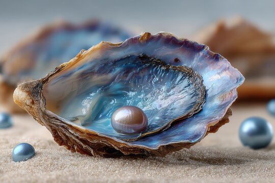 Large lustrous pearl in iridescent blue oyster shell with small pearls on sandy background, natural marine jewelry.