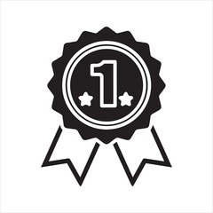 First place award ribbon icon, number 1 winner medal symbol.
