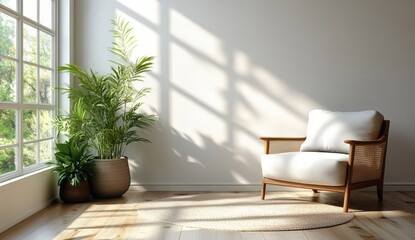A cozy, sunlit corner featuring a comfortable chair, a woven rug, and lush indoor plants, creating a serene and inviting atmosphere.