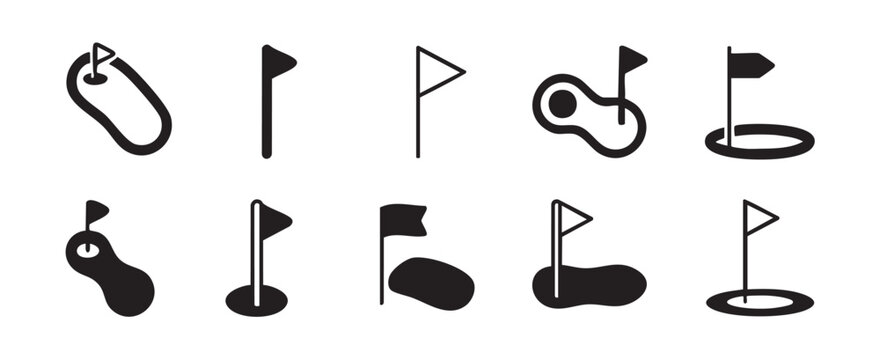 Set of ten minimalist black and white golf hole and flag icons golf flag sport