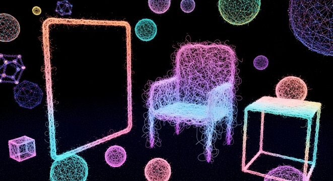 Glowing wireframe furniture, a digital screen outline, and abstract shapes float in a dark, interconnected virtual reality environment, symbolizing future tech.