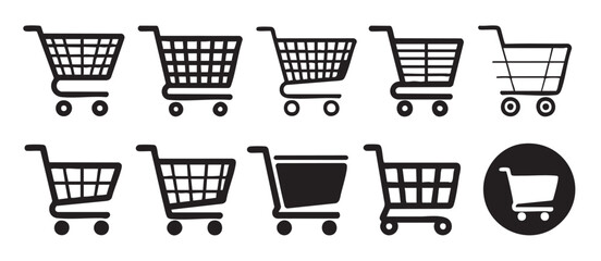 Ten black shopping cart icons on a white background trolley shopping basket