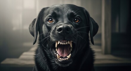 Black Labrador exhibiting aggressive behavior with its mouth wide open