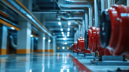 A row of red fire pumps in a factory or industrial setting.