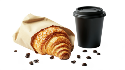 Morning coffee and croissant to go with scattered beans isolated on white transparent background