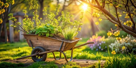 Wooden wheelbarrow filled with various spring plants bathed in warm sunlight during golden hour