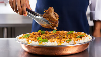 Chef serving delicious spiced lamb and rice food dish in copper bowl.