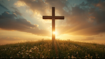 Wooden cross stands atop a grassy hill with wildflowers, silhouetted against a vibrant sunset sky with dramatic clouds.