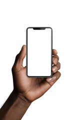 Hand Holding Smartphone with Blank White Screen on White Background
