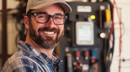 A man with a beard and glasses smiling in front of a gas pump.