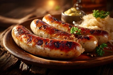 Traditional German and Austrian grilled sausages. Juicy bratwurst or kasekrainer sausages with golden crust. Frankfurter. Beer festival or hearty lunch. Meat plate. Oktoberfest. Würstel
