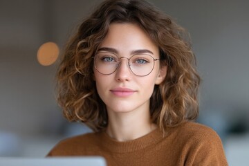 Obraz premium Young woman with curly hair and glasses, exuding confidence and