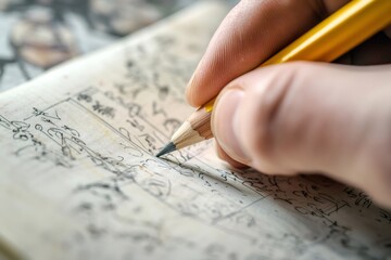 Close up of a poet's hand using a pencil to write the final line of a poem in a notebook, showcasing creativity and literary expression