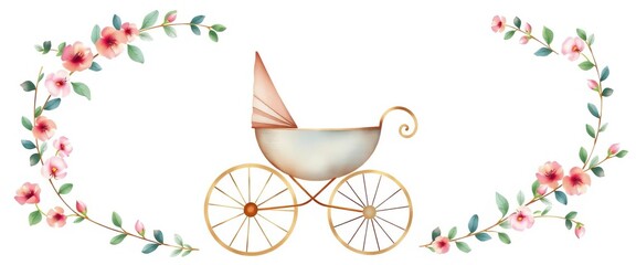 Watercolor carriage & eucalyptus wreath baby shower card design , tags, illustration