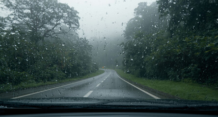 View from a car windshield of a wet, winding road through a lush, foggy forest on a rainy day.