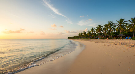 Dramatic sunset sky with orange and pink clouds reflecting on the calm sea of a tranquil tropical beach