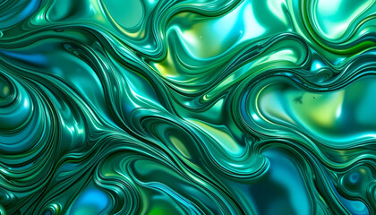 Obraz premium Abstract Iridescent Liquid Wave Background for Commercial Use - Shiny Green and Blue Metallic Swirls, Ideal for Cosmetics, Technology, and Luxury Products