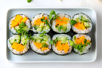 Fresh Vegan Sushi Rolls: Mango, Cucumber, and Microgreens; Healthy Food Photography.