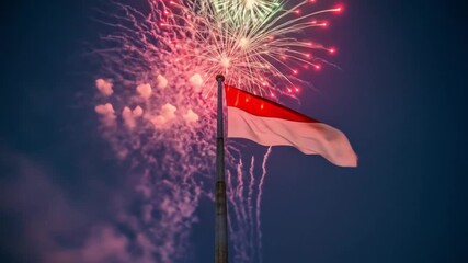 Singapore's flag billows proudly against a vibrant fireworks display, celebrating a national occasion.