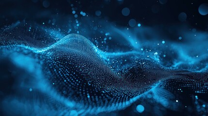 Naklejka premium A blue and black abstract digital wave pattern with glowing particles and a dark background.
