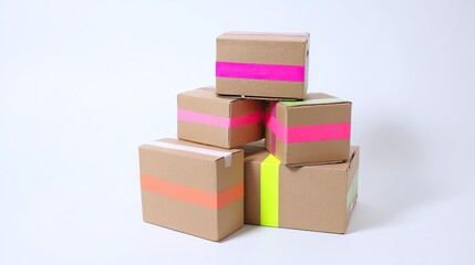 Obraz premium Stacked cardboard shipping boxes with colorful tape on a clean white backdrop.