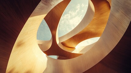 A wooden spiral structure with a view of the sky through the openings.