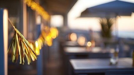 A cozy beach restaurant at sunset, with warm string lights creating a dreamy, inviting atmosphere.