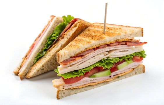 Triple-layered club sandwich sliced diagonally with crisp layers and toothpick – isolated on white background, classic deli lunch, meal, dinner, breakfast, sandwich. - Powered by Adobe