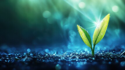 predominantly blue and green color palette, featuring a minimalist style of a seed sprouting from the ground
