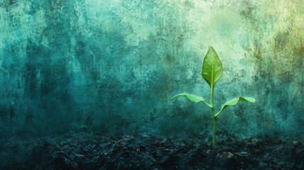predominantly blue and green color palette, featuring a minimalist style of a seed sprouting from the ground
