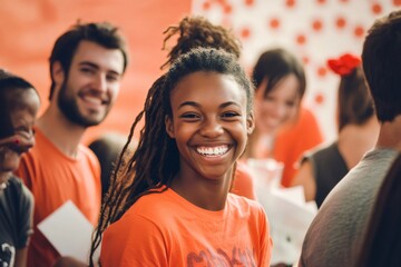 Diverse group of people volunteering, showcasing unity and happiness, wearing casual attire in a community event setting