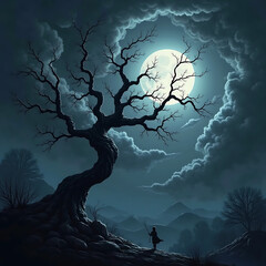 Dark Silhouette of a Twisted Tree Against a Full Moon and Cloudy Night Sky background. 