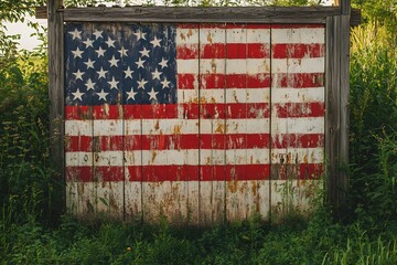 American flag painted on a rustic barn with weathered wood in rural America shows patriotic symbol of old glory and pride