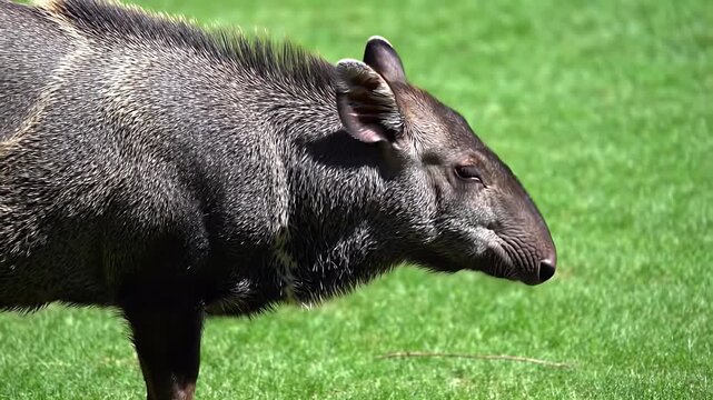 Majestic Mountain Tapir with Shaggy Dark Fur Standing on Lush Green Grass in a Bright Outdoor Setting, Capturing its Unique Profile and Natural Hab...
