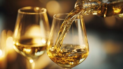 Elegant still life of crystal wine glasses with golden liquid captured in soft lighting.