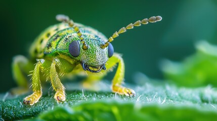 A green and yellow beetle with long antennae on a green leaf with a blurred green background.
