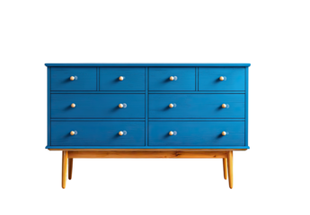 A vibrant blue dresser with light wood legs, multiple drawers