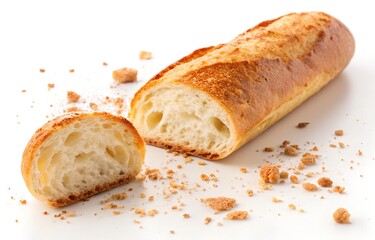 Freshly baked crispy baguette cut in half with golden crust and scattered crumbs &ndash; minimalist white background bread concept.
