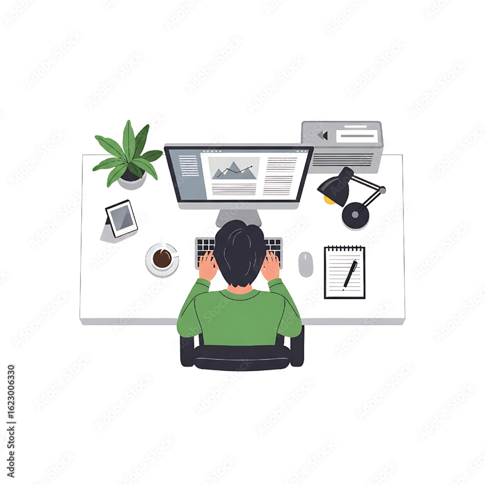 Wall mural overhead view of person working at desk with computer and accessories