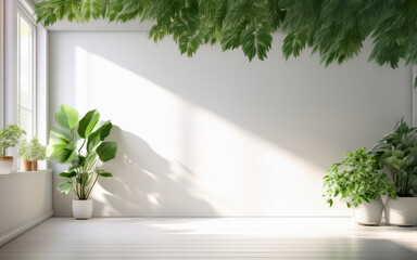White Wall Studio Mockup With Natural Sunlight and Green Leaves
